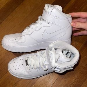 Brand new white Nike high top Air Force 1s. Size 6.5Y which is 7.5-8 in women’s